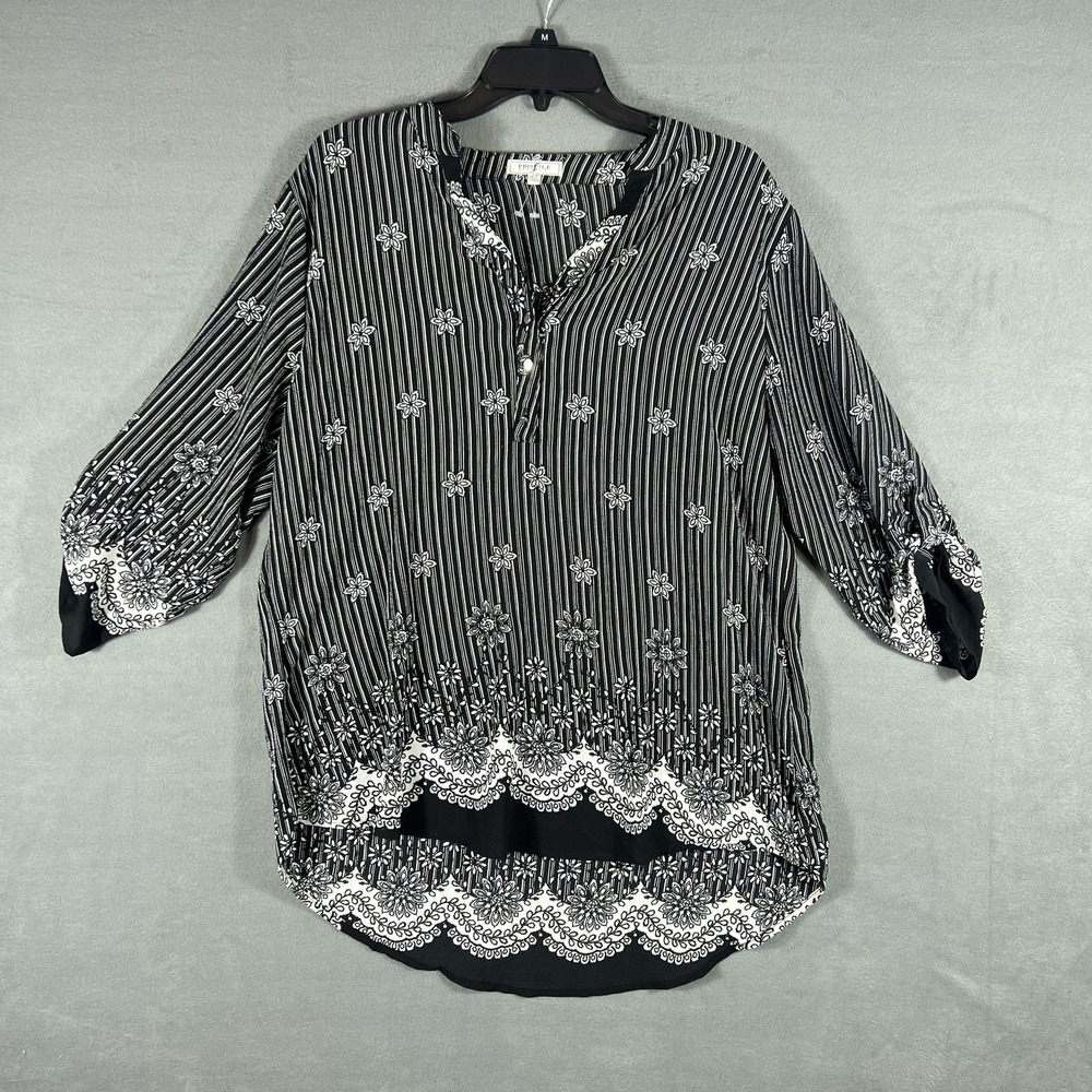 Profile Apparel Women's 1XL Plus Black White Striped Floral Tunic Blouse Top
